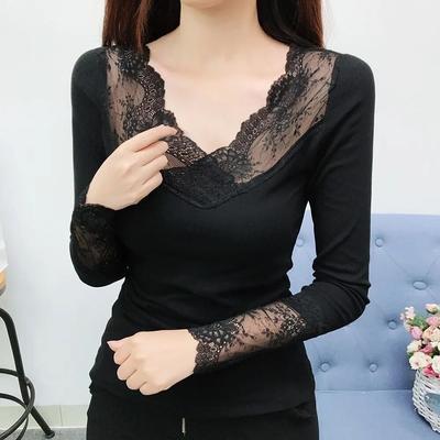 Κορεάτικο V-neck Δαντελωτό Διάτρητο Μπλουζάκι Patchwork Γυναικείο Μακρυμάνικο Τοπ Μονόχρωμο Βασικό Μπλουζάκι Μαύρο Πουλόβερ