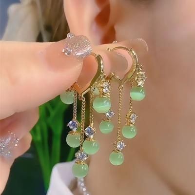 Boucles d'oreilles vintage à pampilles en cristal et perles vertes pour femmes, bijoux tendance, nouvelle mode coréenne, boucles d'oreilles cœur pour femmes, boucle d'oreille