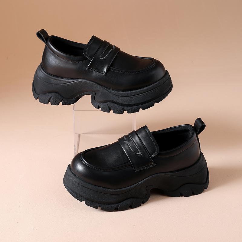 Fashion CRLAYDK Fashion Women's Platform Mid Chunky Heel Loafers Classic Round Toe Slip On Office Uniform Leather Walking Shoes