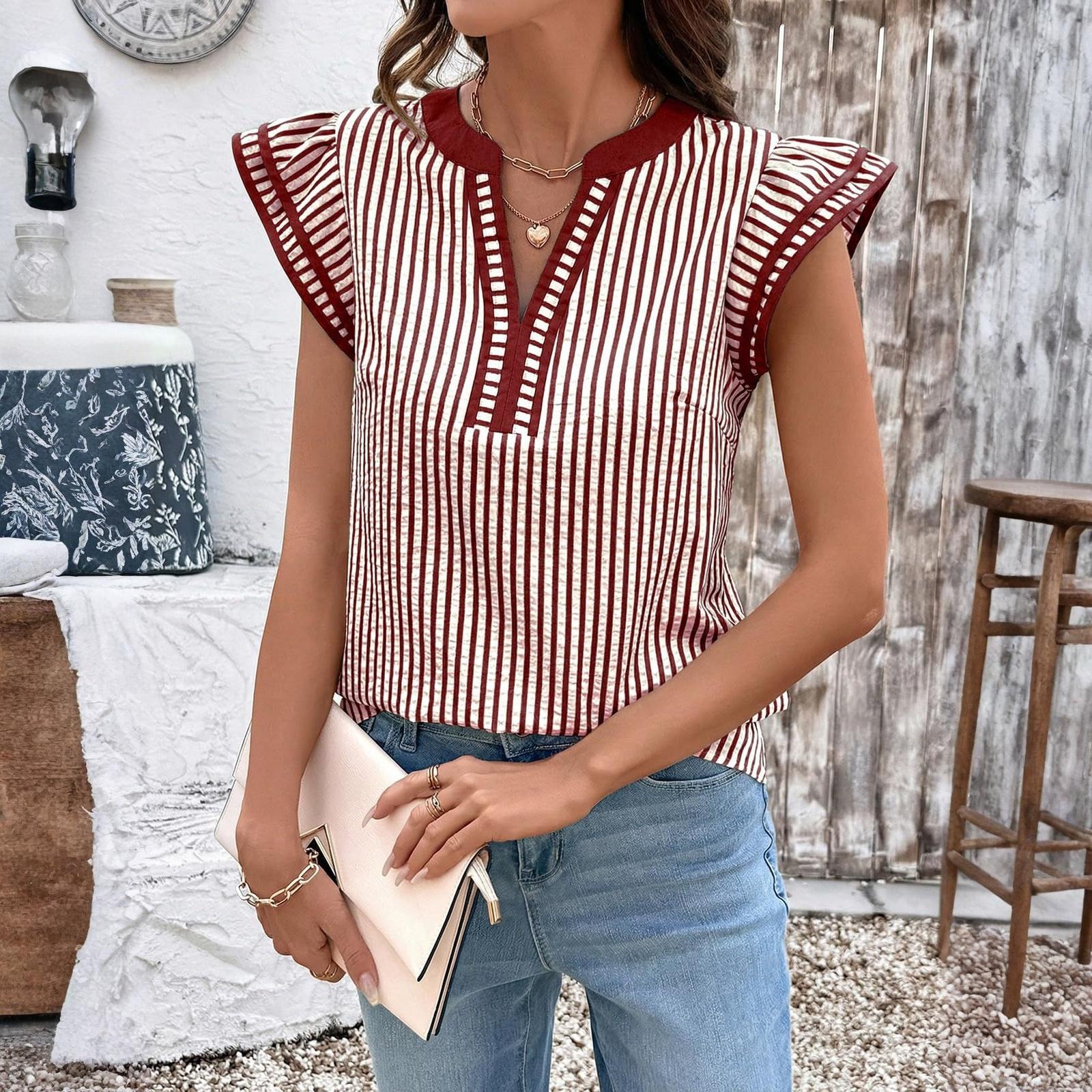 

Ladies Casual And Fashionable Blocked V-neck Striped Flying Sleeve Shirt Top XL винний