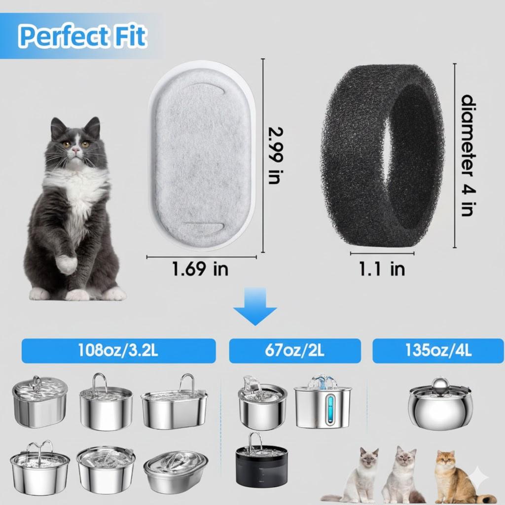 Cat Water Fountain Filters 20PCS Carbon Filter 20PCS Sponge Replacement for Pet Fountain