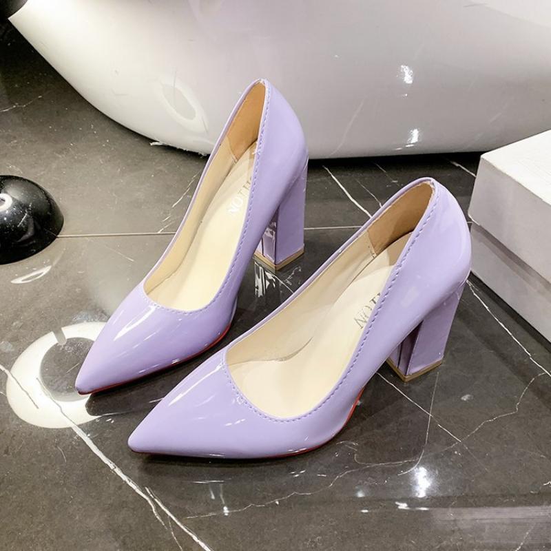 Glossy Patent Leather Versatile High Heels, Korean Style, All Seasons, Candy-colored Pointed Toe, Low-cut, Chunky Heel Women's Shoes
