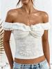 Damen Weißes Spitzen-One-Shoulder-Rüschen-Crop-Top mit Rückenausschnitt - Sommer Mode
