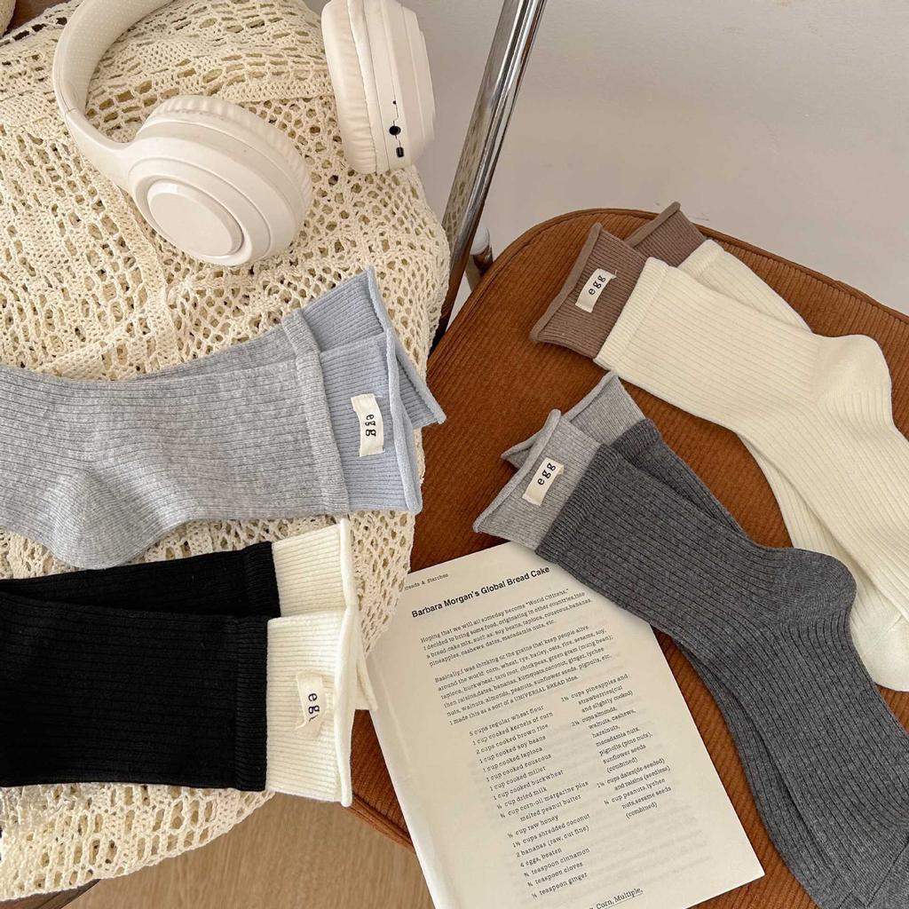 Dubbel Luo Mun Äggtyg Etikettstrumpor Flickor Koreansk Stil Personlighet Kontrastfärg Mellanhöga Strumpor Strumpor Bomullsfrottéstrumpor