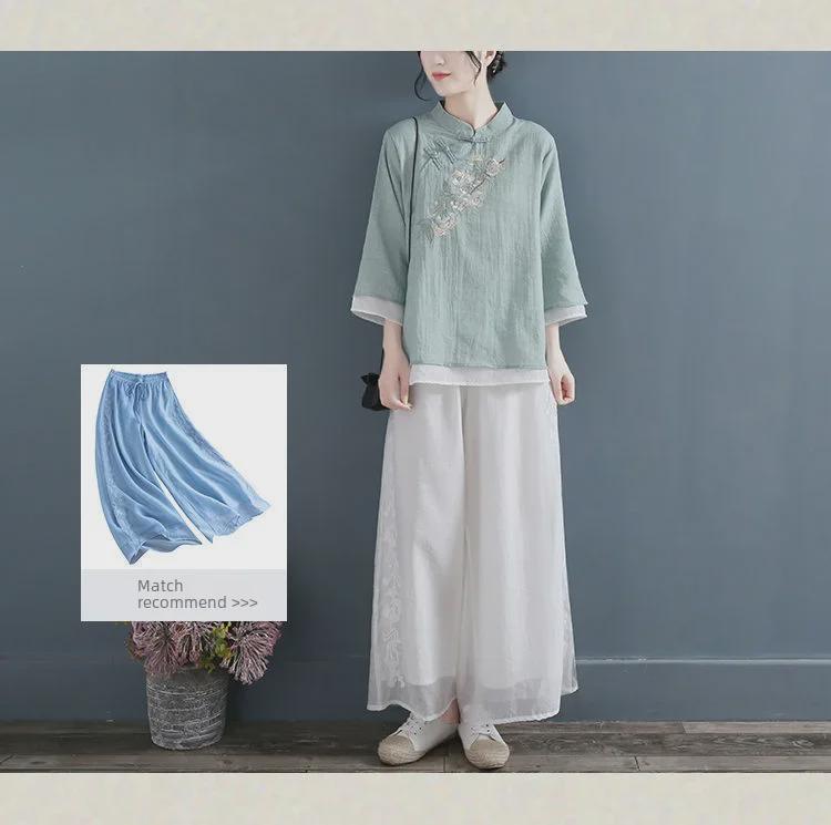 Women's V-Neck Retro Embroidered Cotton-Linen T-Shirt, 3/4 Sleeve, Spring-Summer-Autumn 2024, Casual Literary Style.