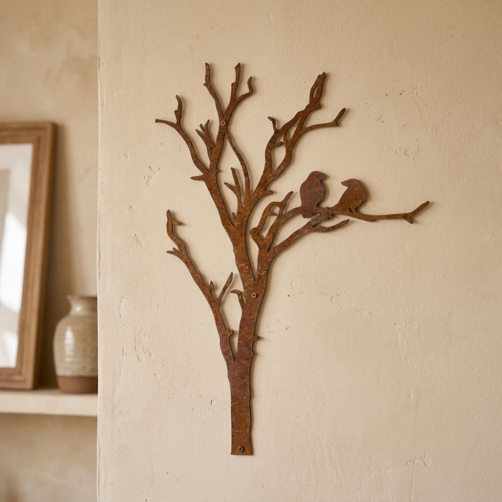 Farmhouse Style Metal Tree Branch Bird Silhouette Decor  Garden Fence