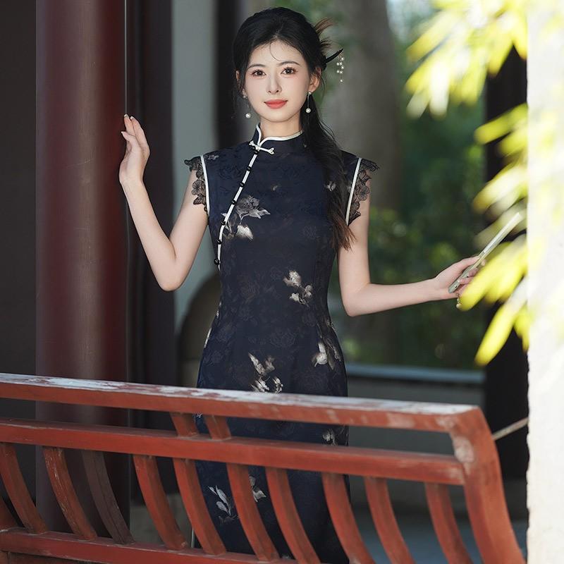 Elegant Black Modern Cheongsam Dress Women Sleeveless High Neck Fit-and-Flare Evening Gown With Brocade 2025
