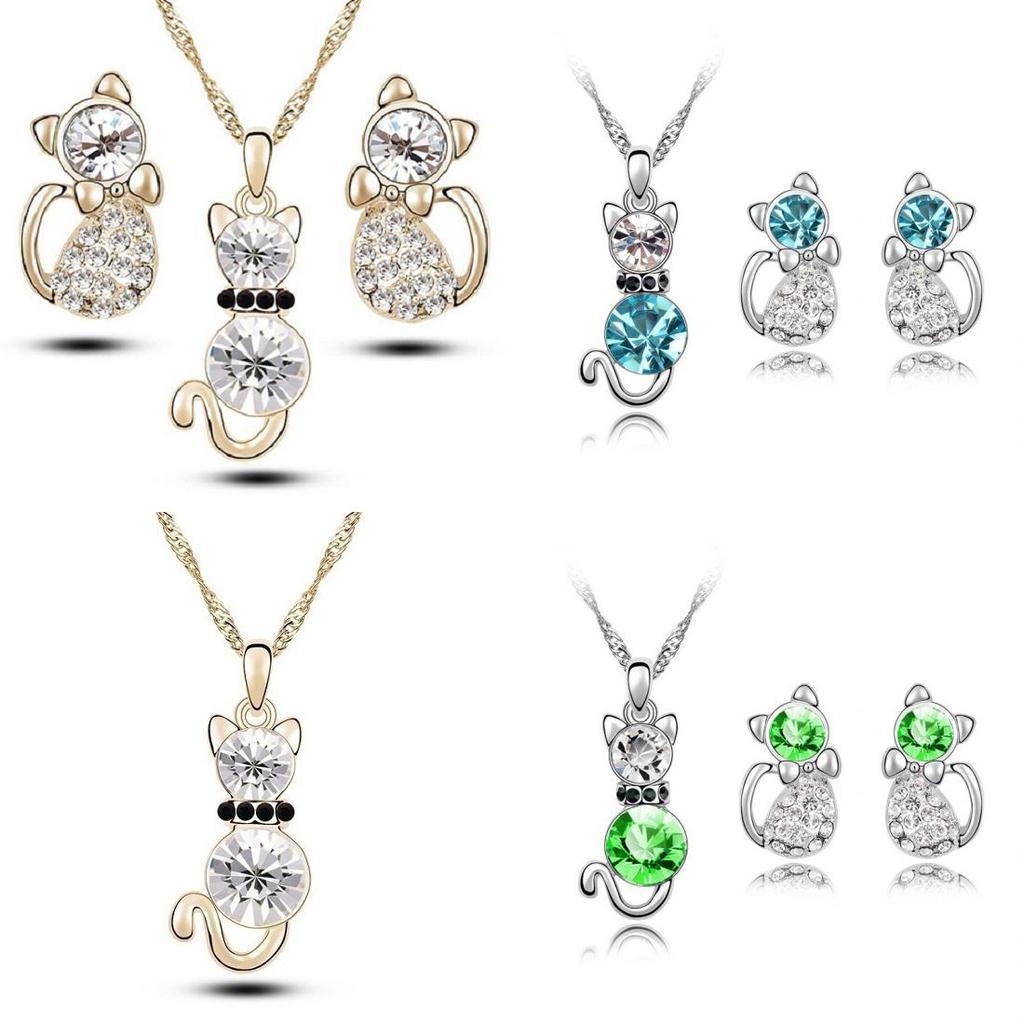 Cat 3pcs Crystal Shaped Necklace Earrings Jewelry Set Gift Teen Girls For Women