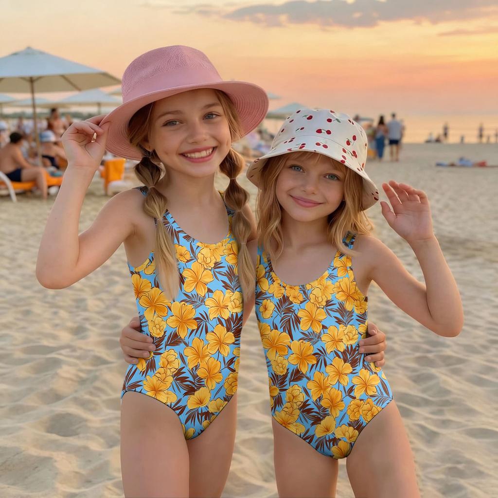 Girls One Piece Swimsuit Hawaiian Floral Print Summer Swimwear Kids Casual Beachwear Pool Outfit for Children
