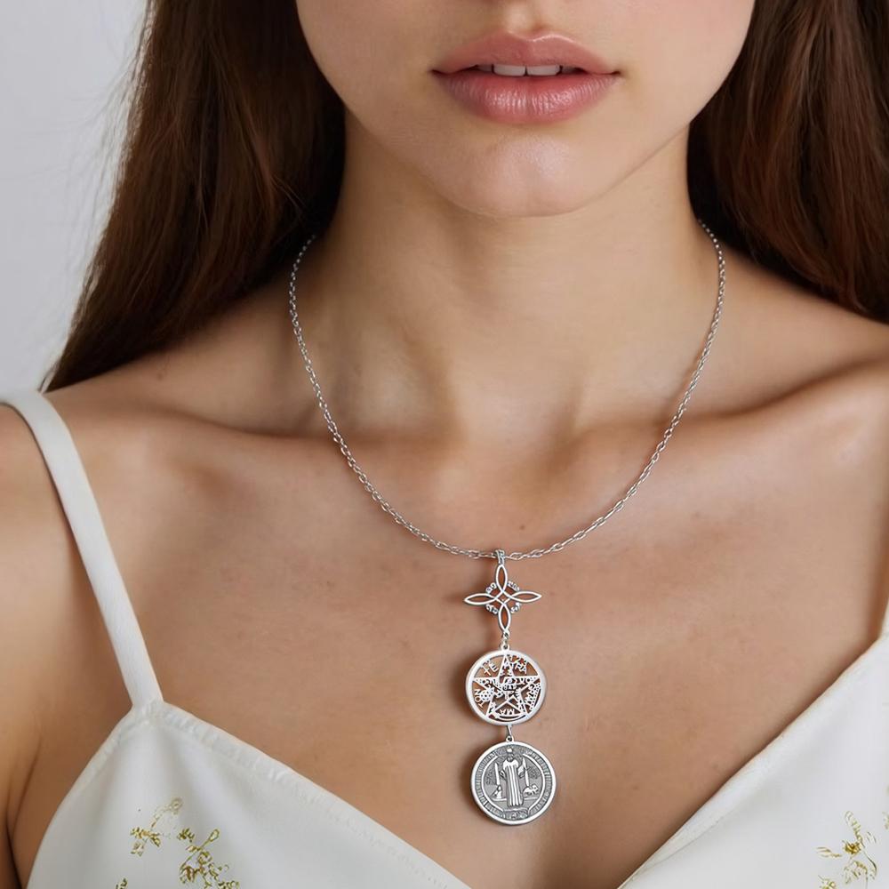 Nerezový přívěsek s trojitou ochranou s čarodějnickým uzlem, pentagramem, tetragrammatonem, st. Benediktův ochranný amulet šperk