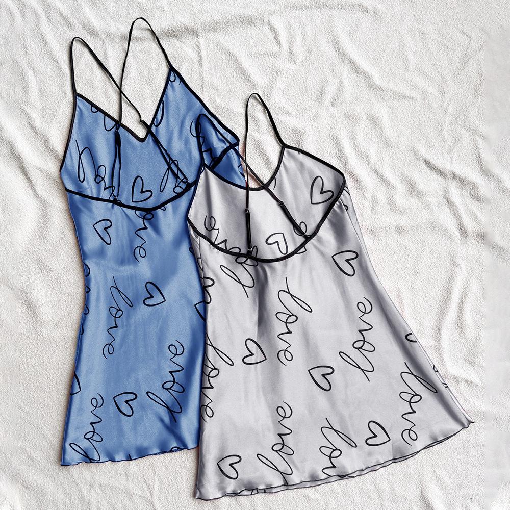 2 Stylish and Breathable Silk Print Slip Nightdress Sexy Halter Pajamas
