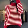 24 Spring Striped Semi-turtleneck Knitted Shoulder Sleeve Bottom Shirt Loose Versatile Pullover Long Sleeve Top