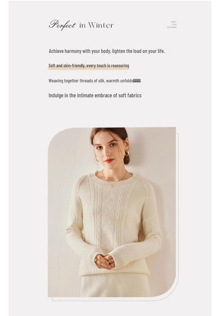 Women's Floral Cashmere Sweater—Round Neck, Drop Shoulder, Pullover, Solid Color, Versatile Knit, Perfect for Autumn and Winter.