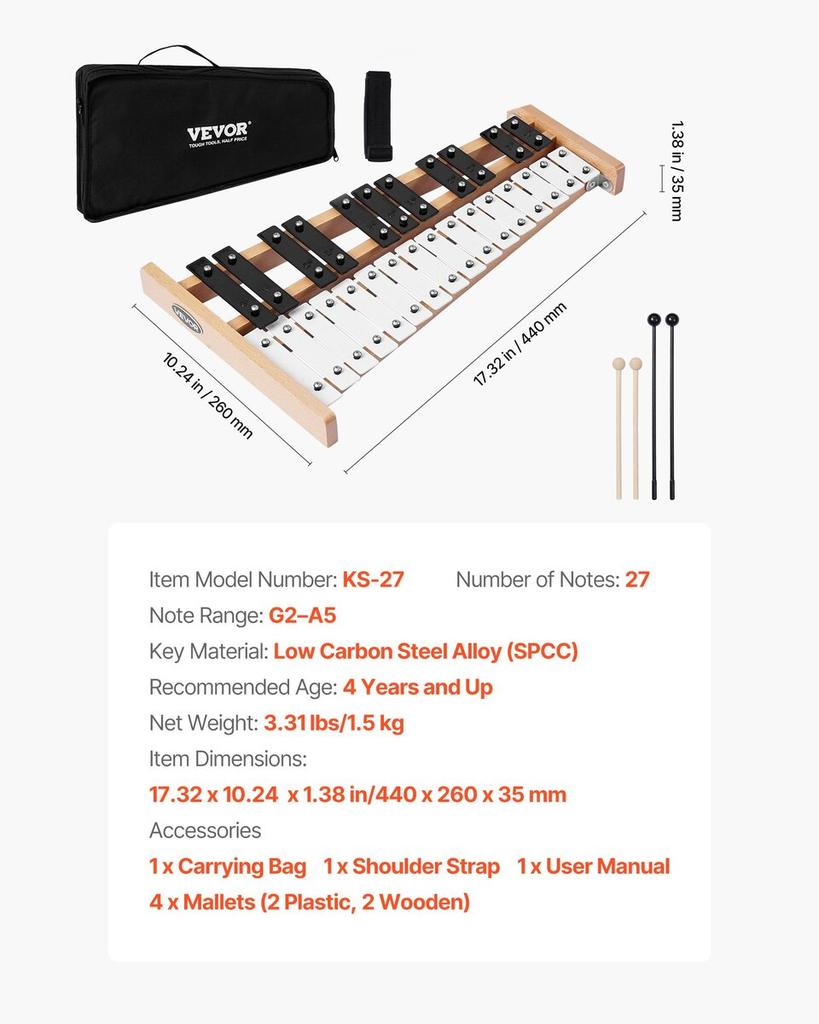 Glockenspiel Xylophone, 27 Notes, Professional Xylophone Percussion Instrument, with Metal Keys, Includes 4 Mallets, Carrying Bag, Beginner Musical
