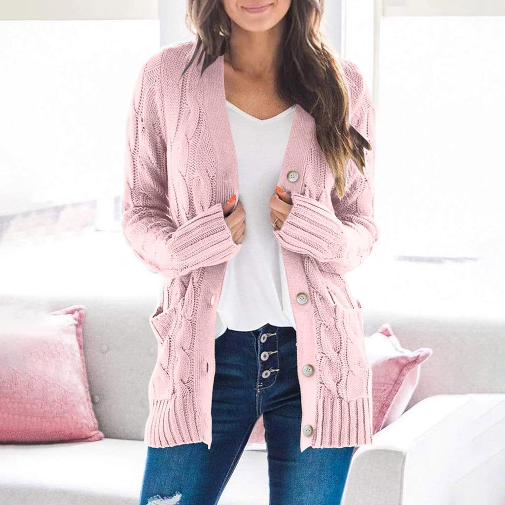 Womens Solid Color Cardigan Long Sleeve Pockets Open Front Knit Sweaters Coat