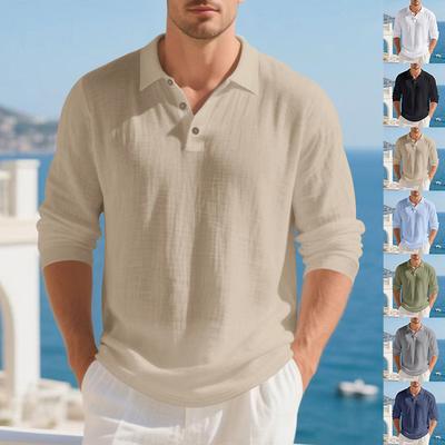 Men S American Loose Solid Color Turn Down Collar Long Sleeve Casual Business Polo Shirt