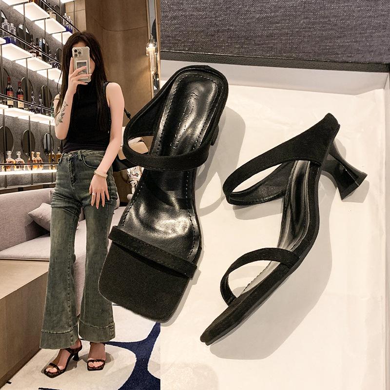 Niche French leopard print high heels one-word slippers women's shoes wear 2025 new summer stiletto sandals