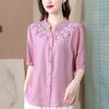 Women's Linen Blouse Embroidery Collar Half-Sleeve Casual Shirt