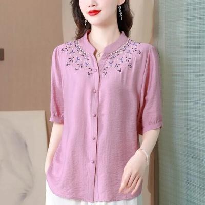 Women's Linen Blouse Embroidery Collar Half-Sleeve Casual Shirt