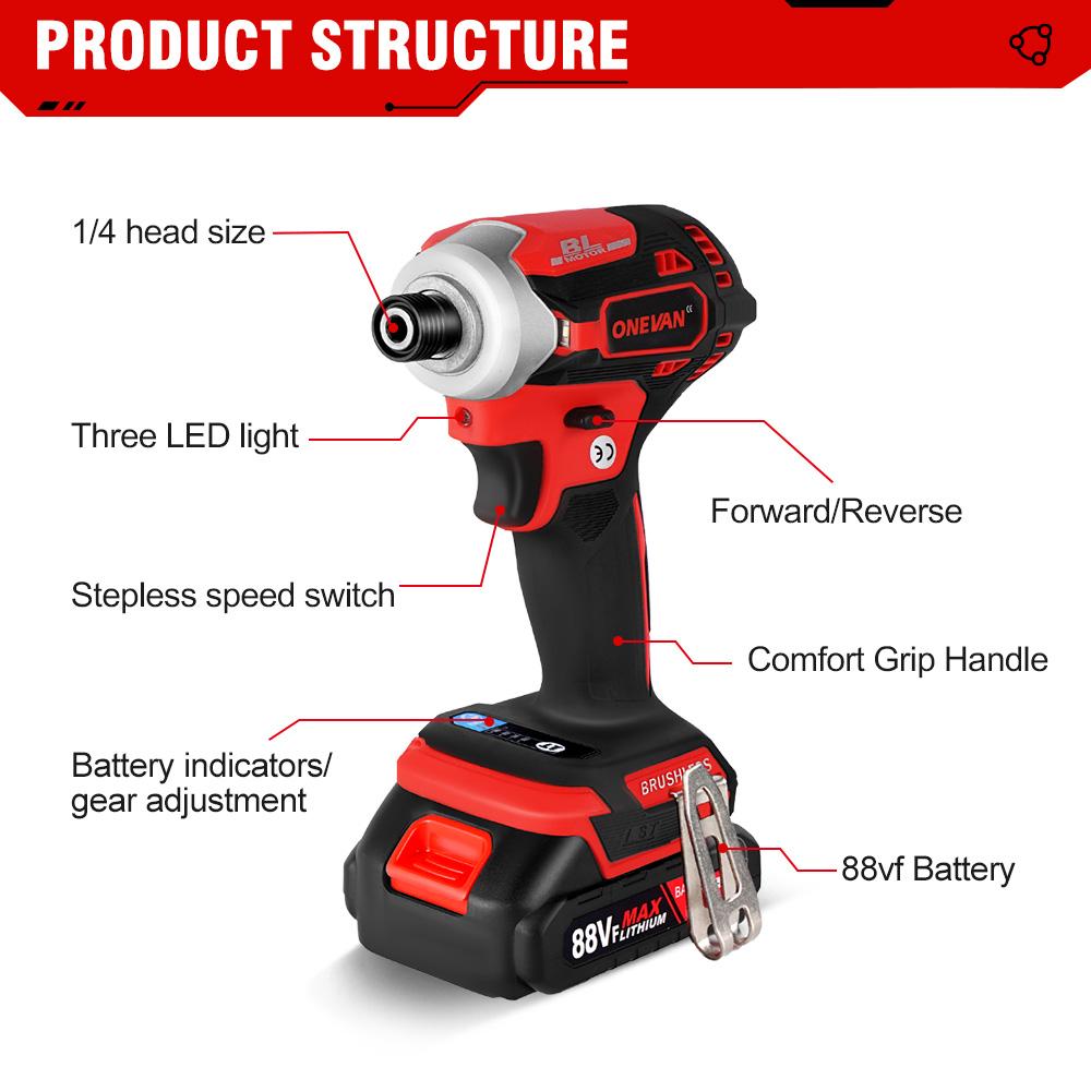 ONEVAN 588N.M Brushless Electric Drill Cordless Screwdriver With 3 LED Light 5 Speed Torque Lithium-Ion Battery For 21V 18V Tools