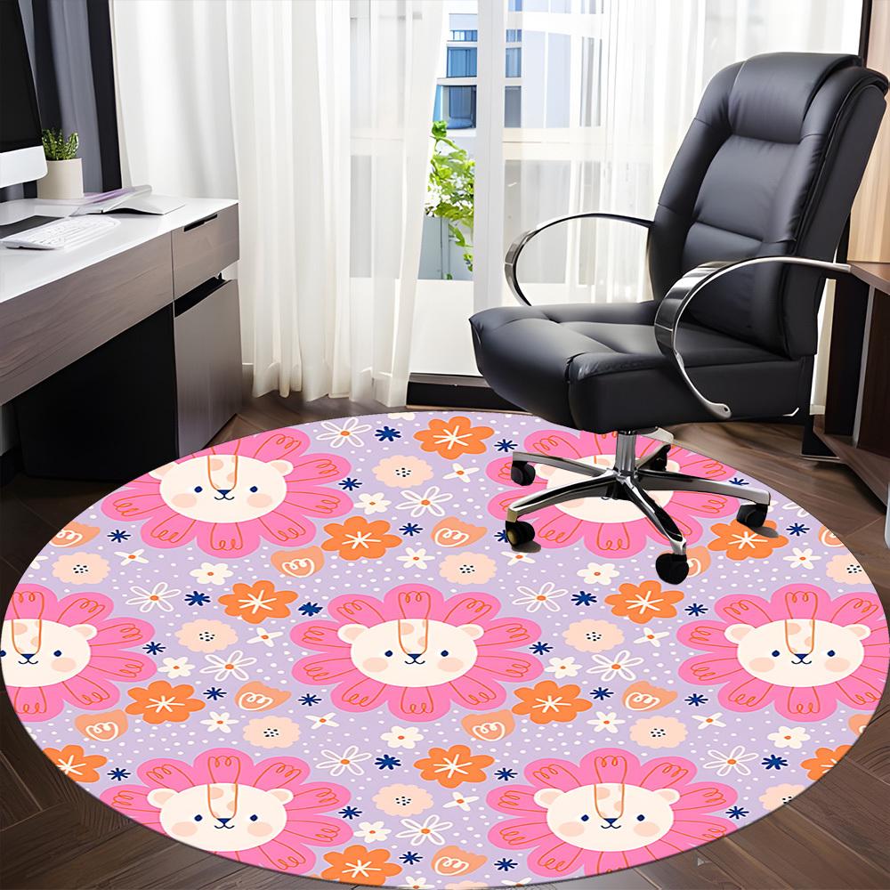 1PC Floral Lions Office Round Area Rug, Mat Suitable ForOffice, Under Office Chairs Bedroom Living Room Home Decor, Room Deco