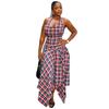 European and American Women's Clothing Slim-fit Suspenders Neck Top Fashion Irregular Plaid High-waisted Skirt African Temperament Suit