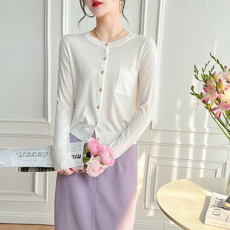 Ultra-fine merino cotton wool blended knitted cardigan women's round neck basic long-sleeved versatile loose and thin top
