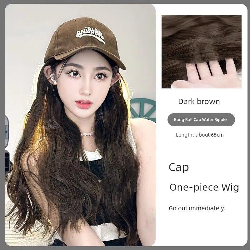 

Baseball Hat Wig Integrated Fashion Women Summer Hat for Women 2024 New Style Wig Wig Cap Big Head Circumference Black hat dark brown wig-big wave