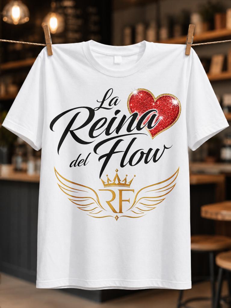 La Reina Del Flow Rf Elegant Script Glitter Red Heart And Gold Winged Rf Retro Casual Style Unisex All Tshirt