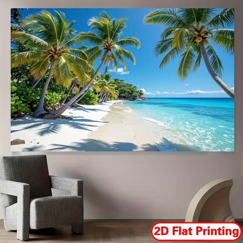 2D Exotic Island Tapestry, Palm Trees and Crystal Blue Ocean Beach Scenery Wall Hanging