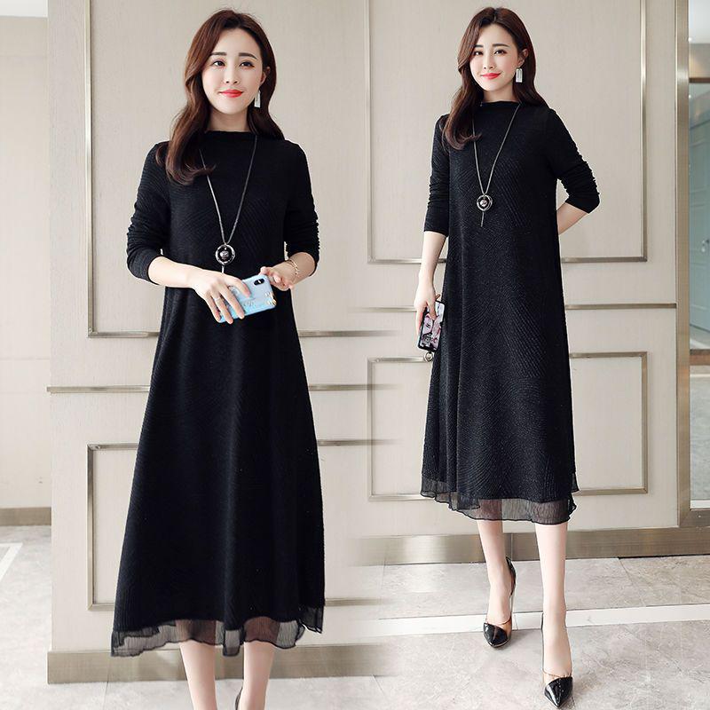 Mamas locker sitzendes Kleid: Frühlings-/Herbst Langarm Übergröße Mittellanges Schlank machendes Kleid