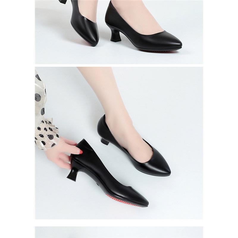 Women Black Leather Block Heel Pumps Comfortable Office Work Shoes