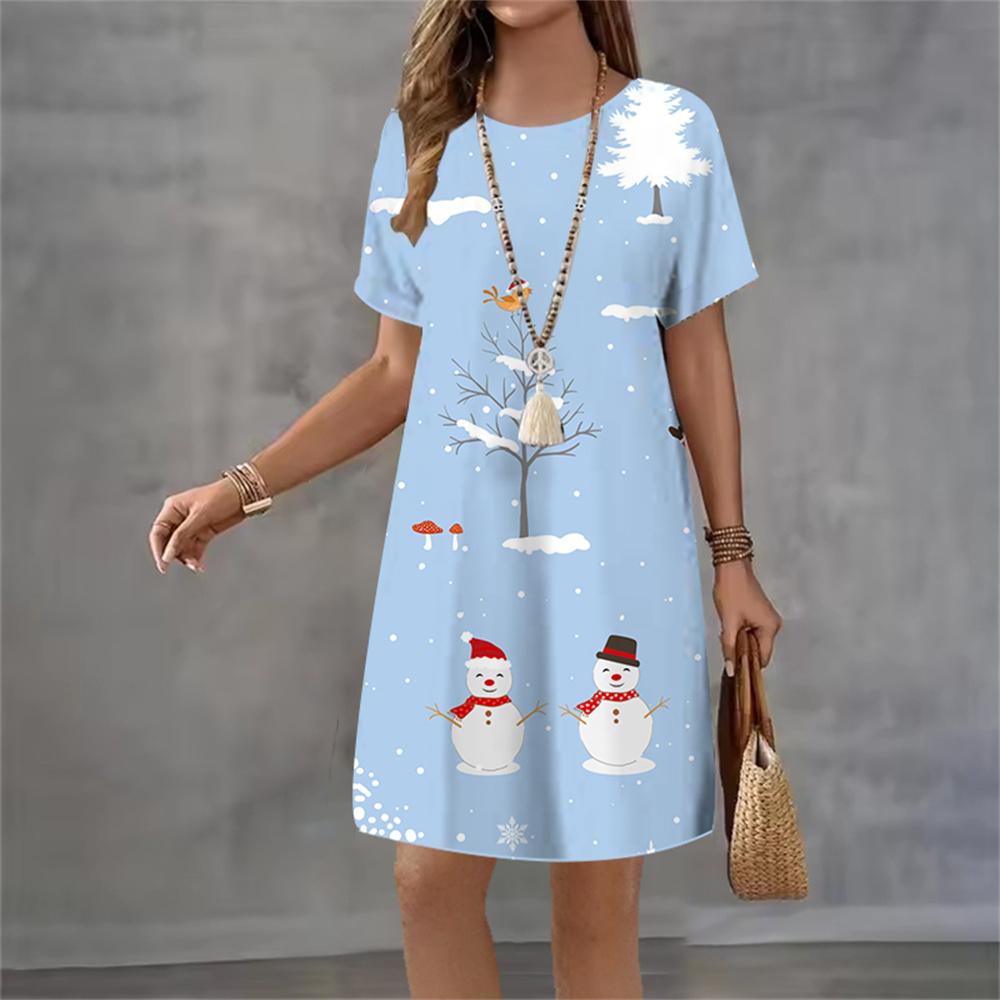 Christmas Tree Party Dresses For Women 2026 Fashion X-Mas Snowflake Patter Loose Short Sleeve Dress Casual Summer 3D Print Dress