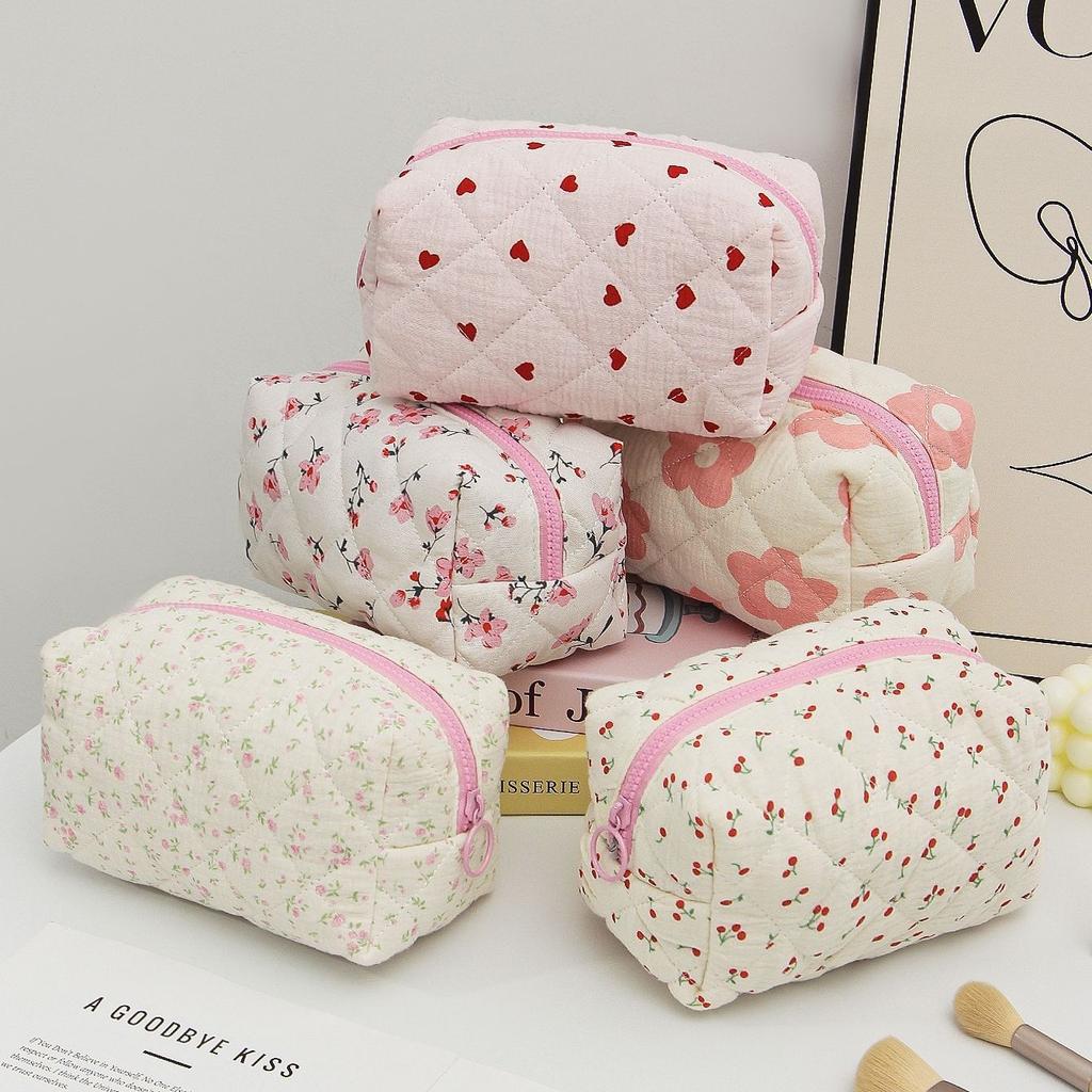 Floral Heart Print Cotton Makeup Bag For Women Travel Large Capacity Cosmetic Storage Bag Wash Pouch Student Stationery Pen Bag