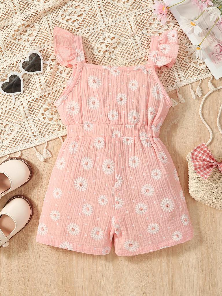 Summer Girls' One-piece Pants, Small and Fresh Frilled Short Pants, One-piece Dress for Little Kids, Casual and Refreshing Daisy Pants for Young Girls