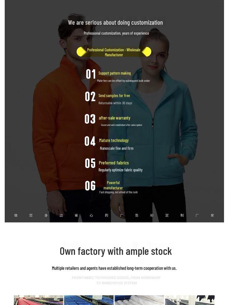 Spring/Summer Custom Workwear: Pure Cotton Zipper Sweatshirt with Turn-Down Collar and Long Sleeves for Uniform and Advertising.