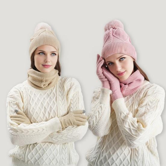 3Pcs/Set Women Hat Scarf Gloves Set Solid Color Design Twist Texture Thickened