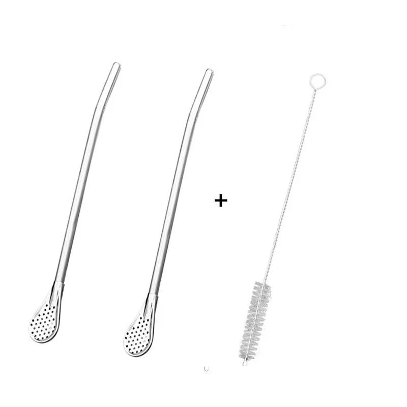 Stainless Steel Straw Spoon And Cleaning Brush, Drinking Spoon Straws With Filter, Metal Stirrer For Coffee Loose Tea Cocktail