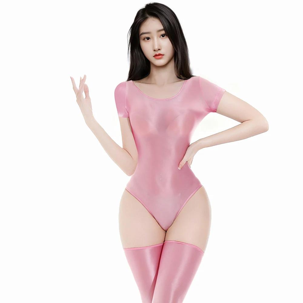 Sexy Women Stain Smooth High Cut Bodysuit Oil Glossy Shiny Elastic Dance Maid Tights Yoga Shapping Leotard One Pieces T-Shirt