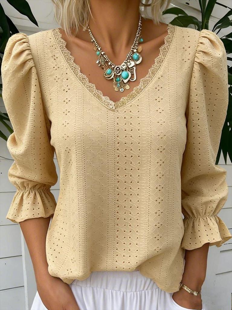 2026 Spring Women's V-neck Hollow Casual Mid-sleeve Top Shirt
