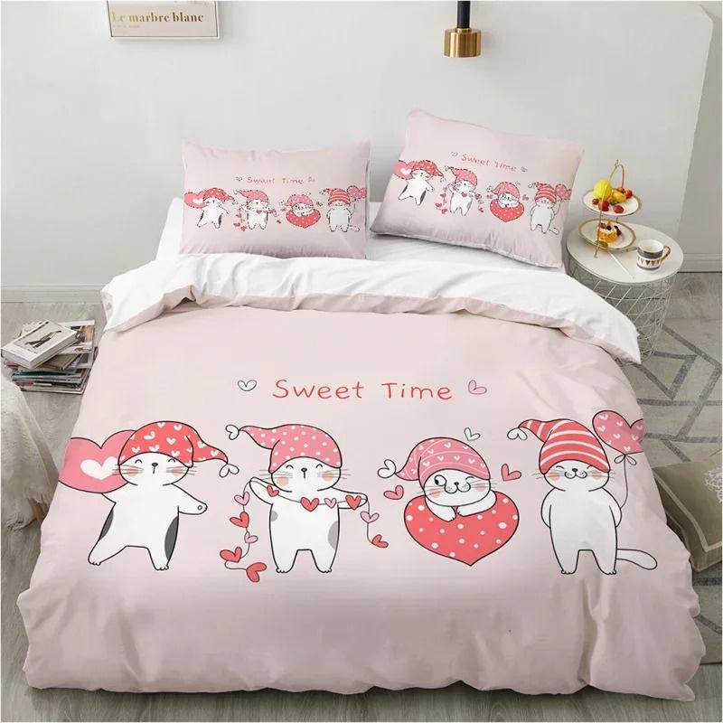 Cute Cartoon Animals Pink Toddler Bedding Set 3D Funny Cat Print Duvet Cover Twin Queen Size For Teens Kids Girls Bedroom Decor