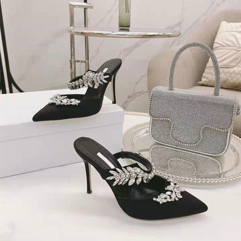 Luxury Crystal Slipper Wheat-Ear Rhinestone Pointed Sandals Silk Satin Covered Head High Heels Slippers Woman