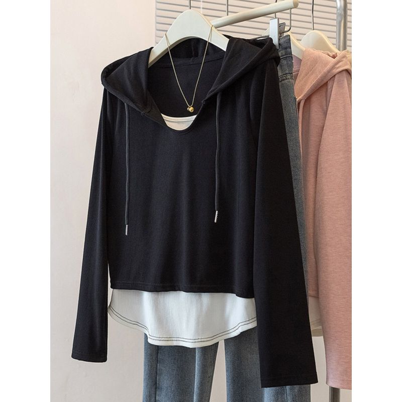 Hooded Sweatshirt Plus Size Ladies Shoulder Asymmetrical Fake Two-Piece