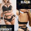 MONEON Bondage Faux Leather Body Top and Eye and Chains Women's 5-Piece Set Harness, Bottoms, Handcuffs, Mask,