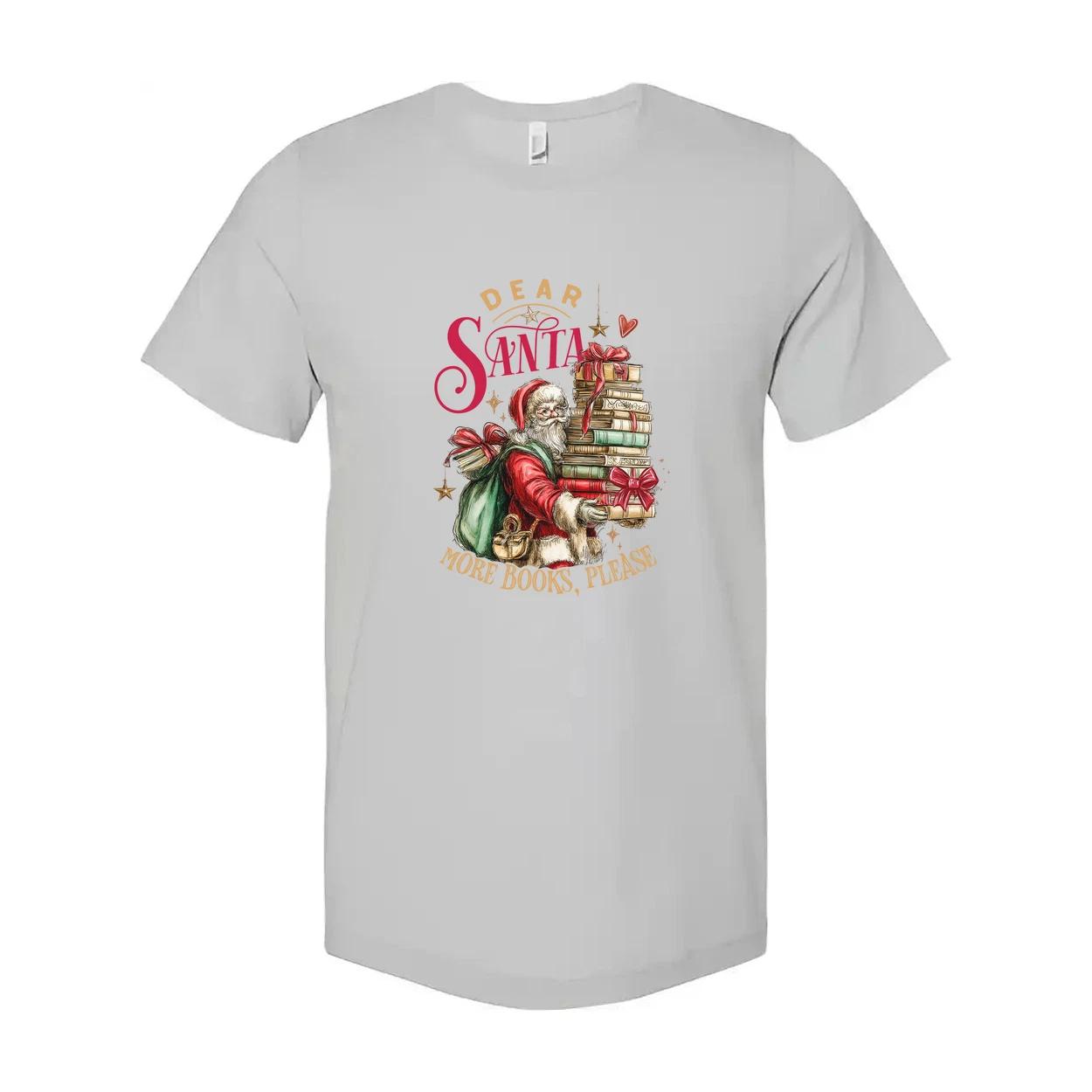 Unisex Christmas T Shirt with Santa Carrying a Stack of Books and Gifts Graphic 4XL