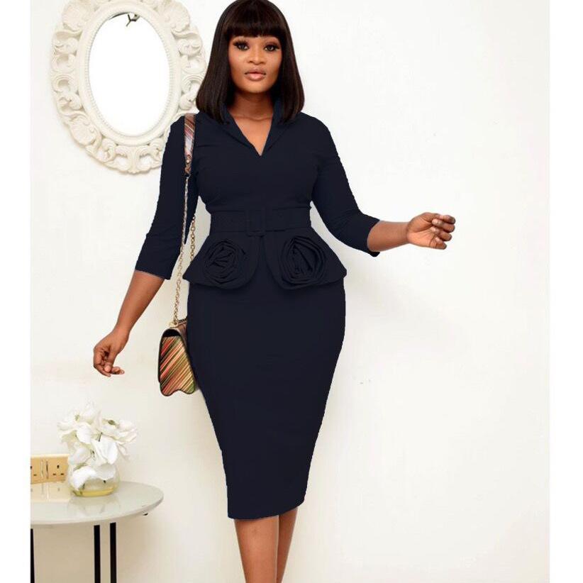 L Women's Autumn Plus Size Office Professional Pencil Rose Dress