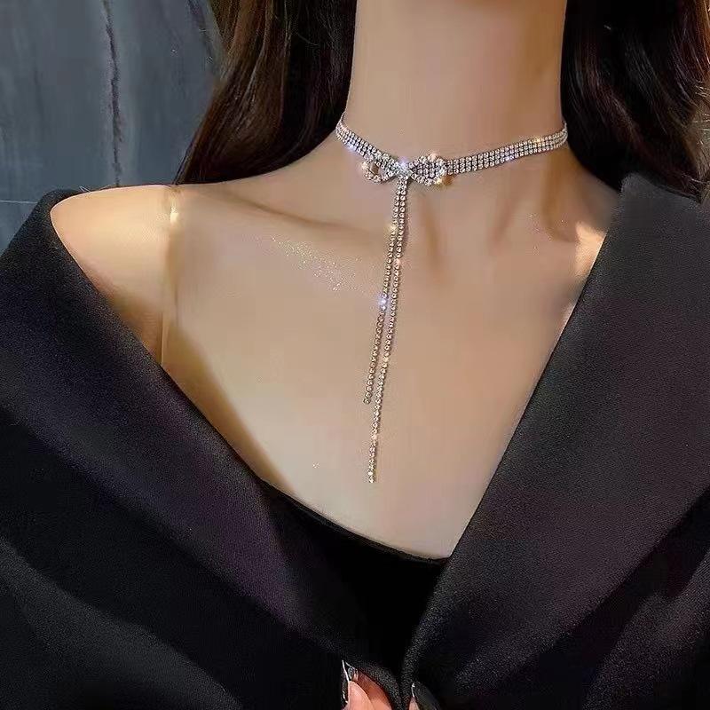 Trendy Summer Bow & Rhinestone Tassel Choker Necklace for Women