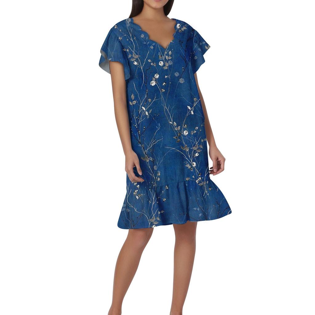 Women's Fashion Casual V Neck Wavy Edge Print Short Sleeve Dress