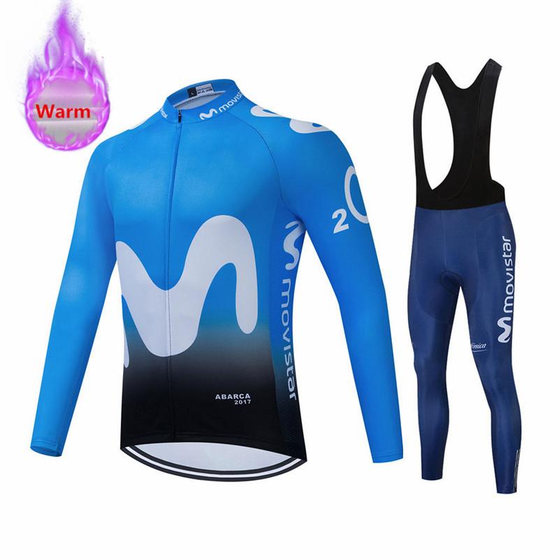 Movistar Racing Thermal Fleece Cycling Jersey Set Bicycle Bib Shorts Bike Clothing Ropa Maillot Ciclismo Hombre Bicicleta Kit