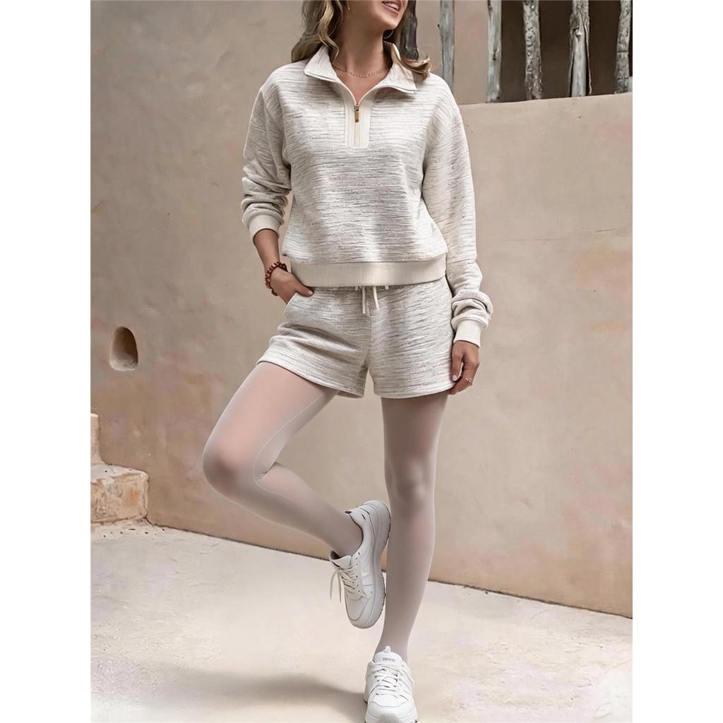 Women Half Zip Long Sleeve Sweatshirt And Shorts Set Casual Two‑Piece Outfit Drawstring Short Pants Tracksuit
